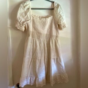 american eagle outfitters  • off-white puff sleeve smocked tiered mini dress